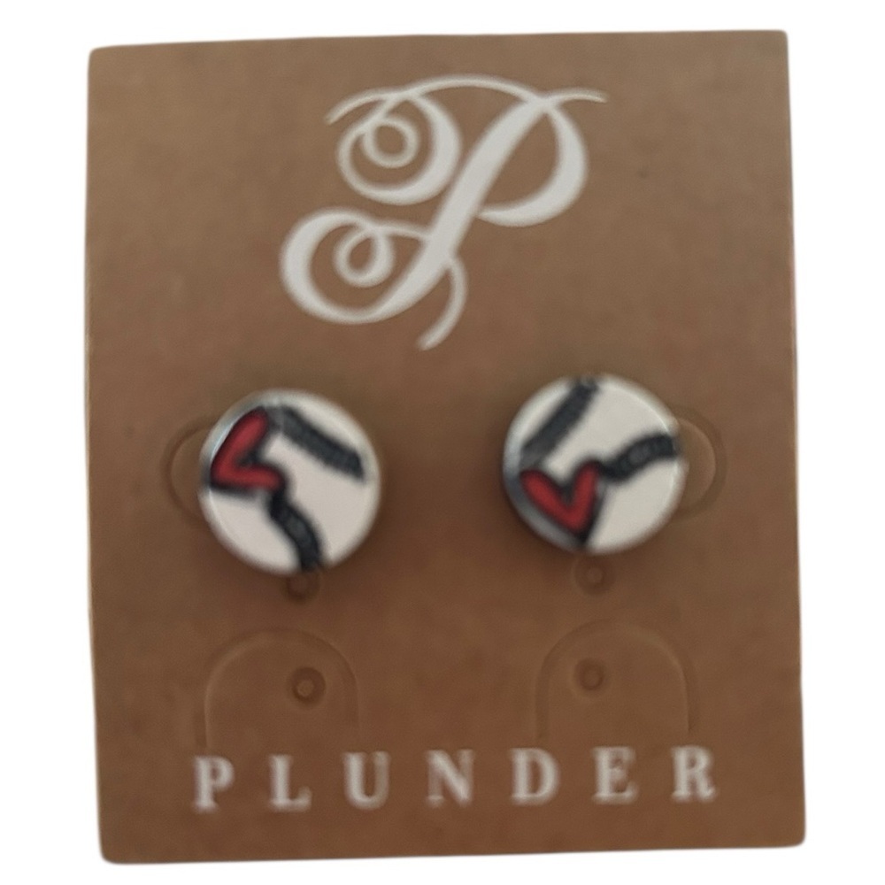Plunder Design "Hit It White" Baseball Softball Stud Earrings – Heart Detail